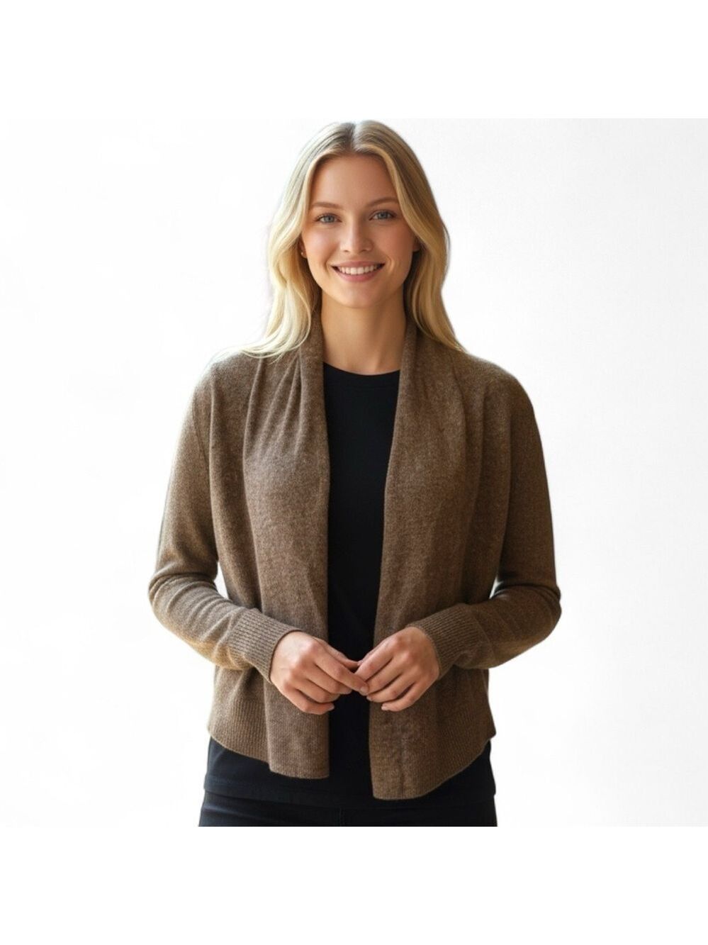 Pria Women’s Cardigan Brown Silk Angora Lambswool Blend Open Front Sweater